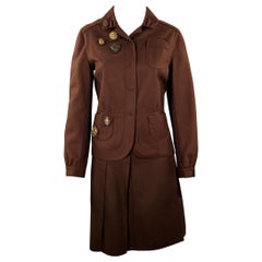 MIU MIU Size 8 Brown Wool Nylon Pleated Skirt Suit