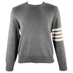 THOM BROWNE Größe XL Grau Weiß Stricken Baumwolle Rundhalsausschnitt Pullover