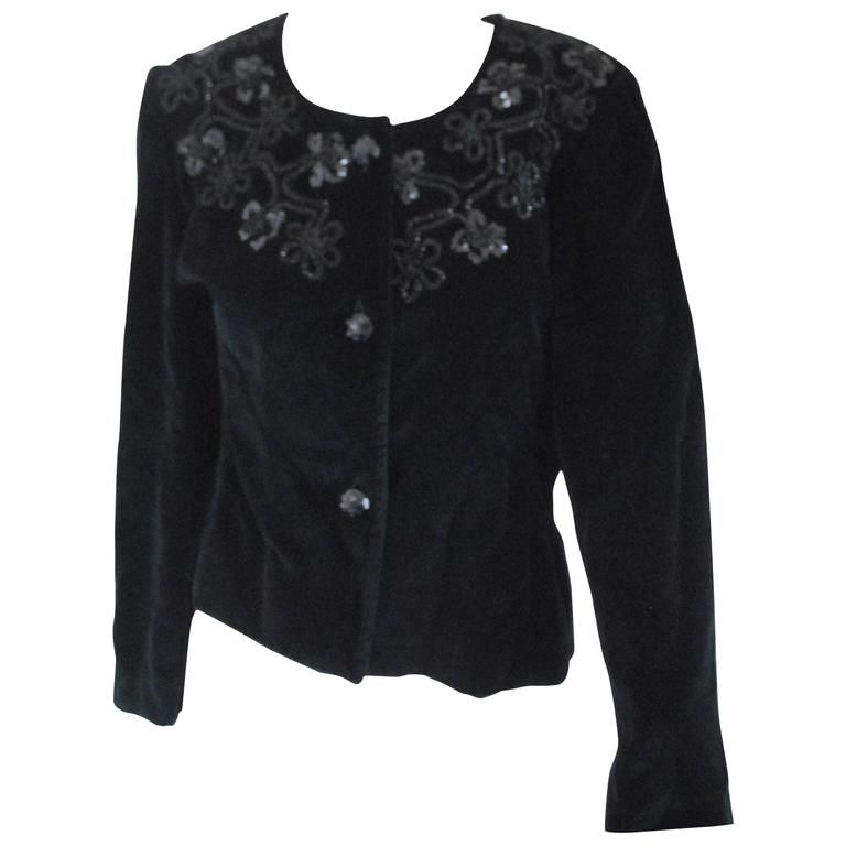Unknown Black Velvet Flower Sequins Jacket For Sale at 1stdibs