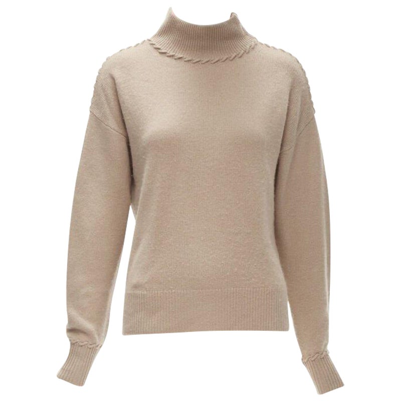 THEORY 100% cashmere light brown whipstitch detail dropped shoulder turtleneck S