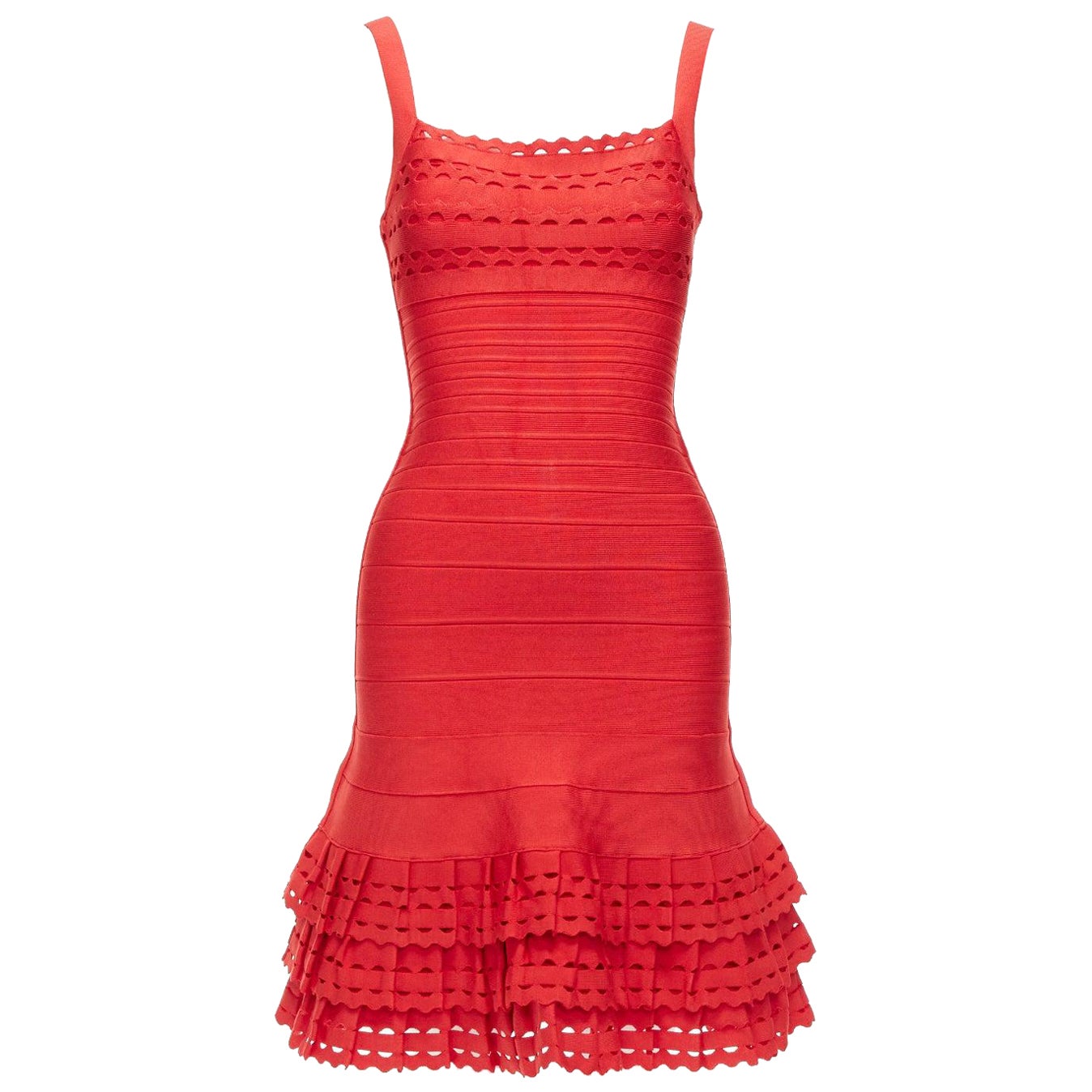 HERVE LEGER vestido acampanado rojo recortado con volantes en el bajo XS en venta