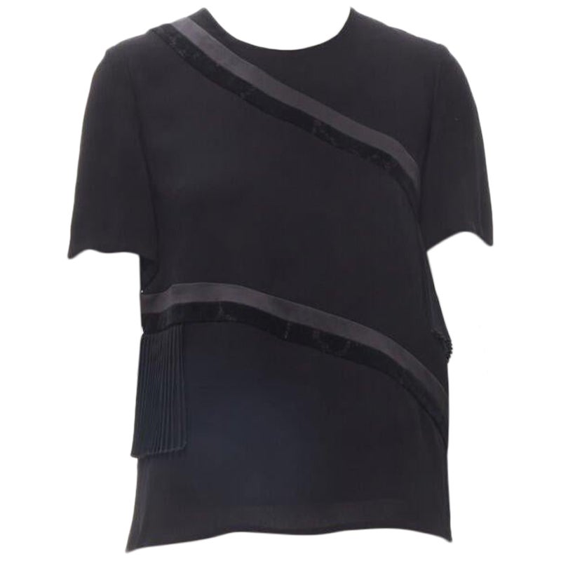 RHIE black satin velvet trim pleated ruffle boxy top US2 S