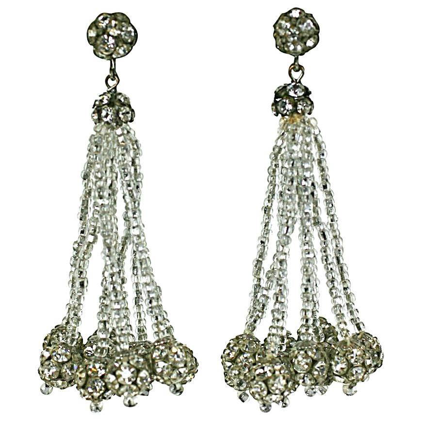 Vogue Seed Bead and Pave Ball Tassel Earrings For Sale