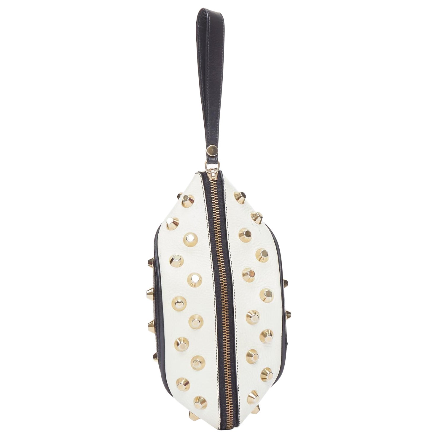 GIANCARLO PETRIGLIA white back leather gold studded wristlet clutch bag For Sale