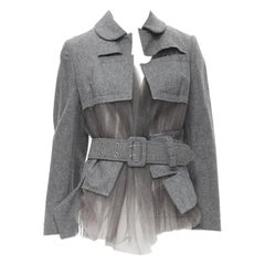 Vintage Laufsteg COMME DES GARCONS 2006 Graue dekonstruierte Jacke aus Tüll mit Gürtel XS