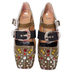 TOGA PULLA khaki green patent leather crystal embellished maryjane flat EU39
