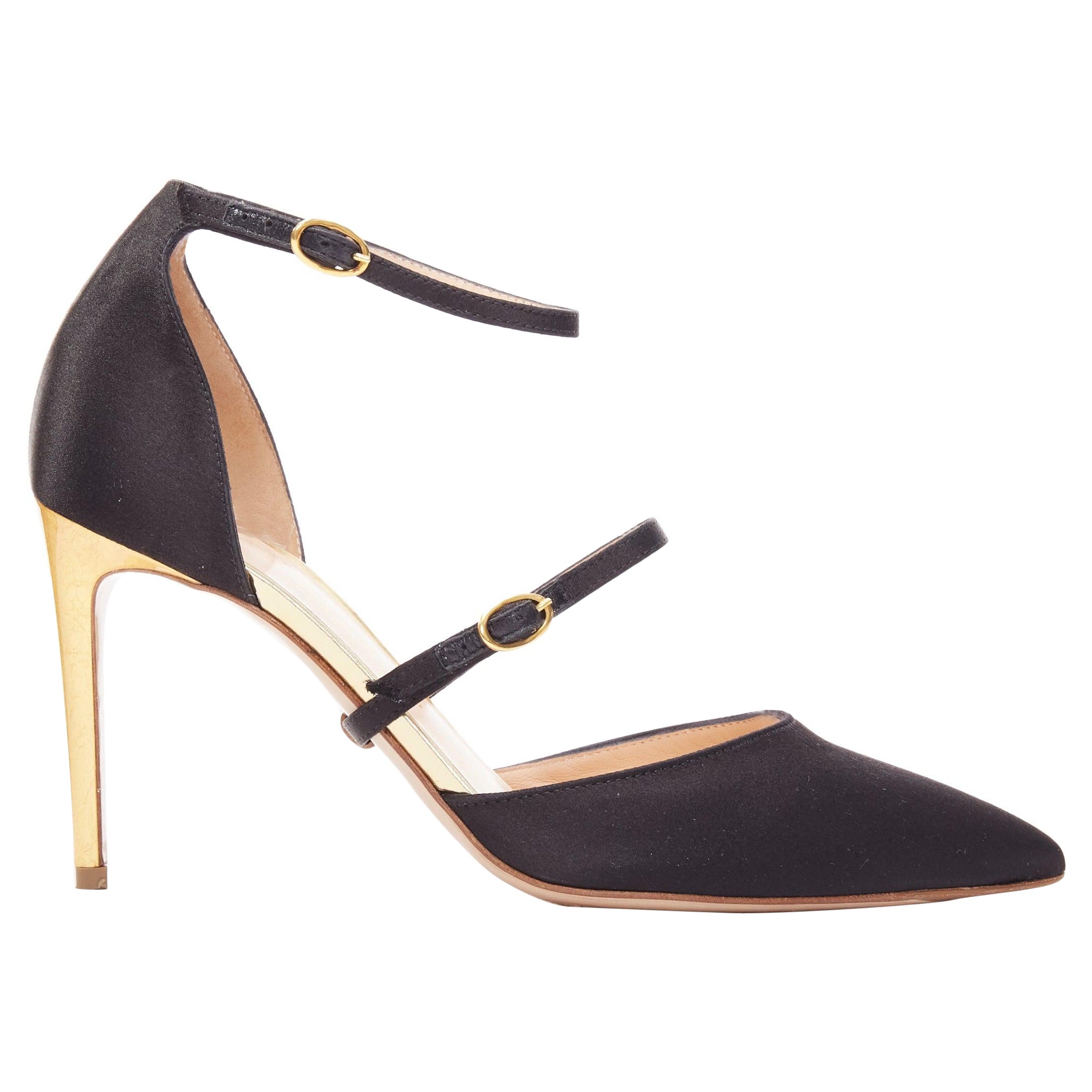 RUPERT SANDERSON Arletta satin noir boucle or escarpins EU35.5