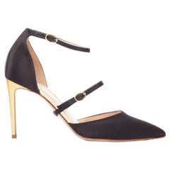 RUPERT SANDERSON Arletta black satin gold buckle heels pumps EU35.5