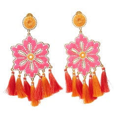 MERCEDES SALAZAR neon pink orange floral tassel gold clip on earrings
