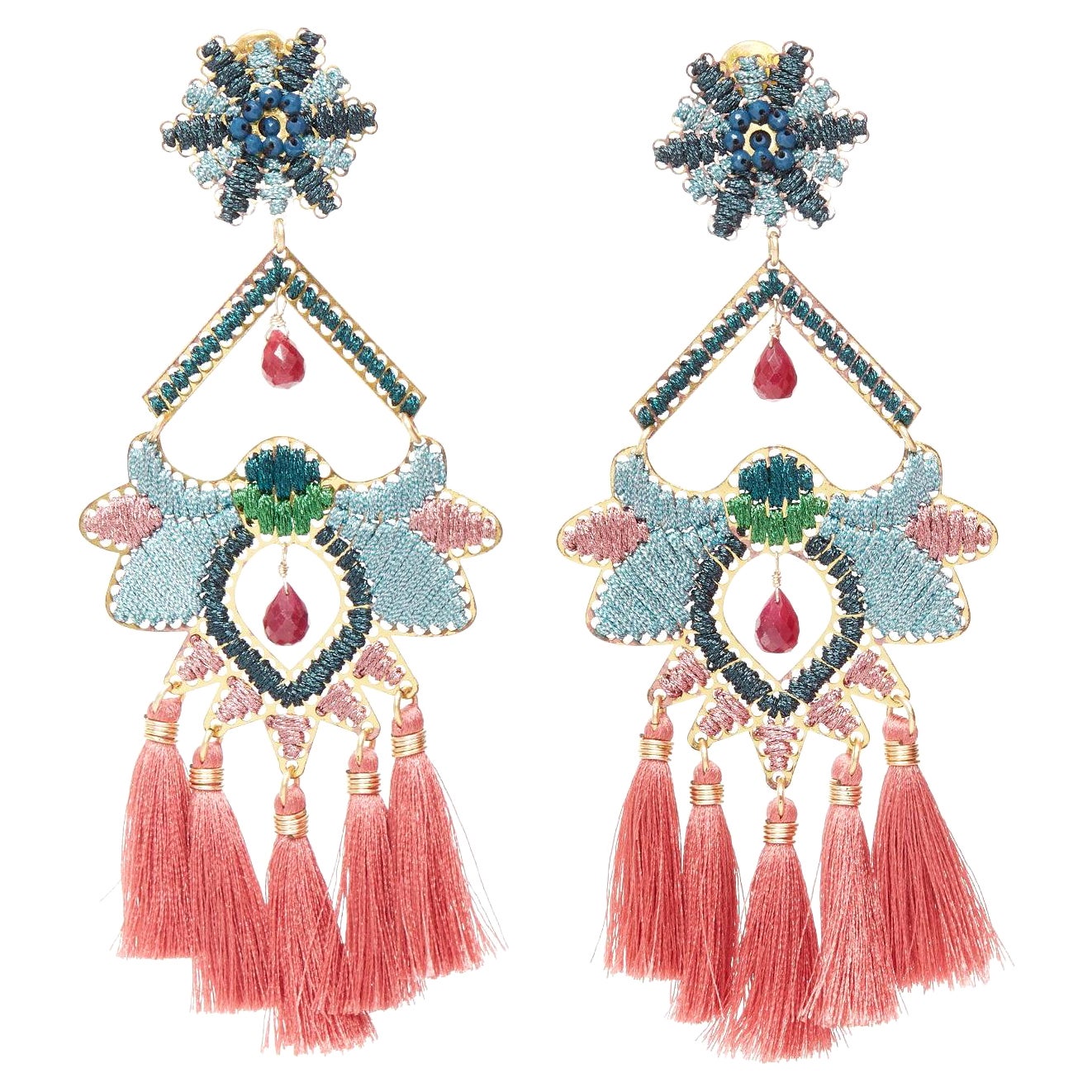 MERCEDES SALAZAR pink tassel green metallic applique clip on earrings Pair For Sale