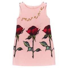 runway DOLCE GABBANA pink crystal button rose floral patch A-line mini dress 4Y