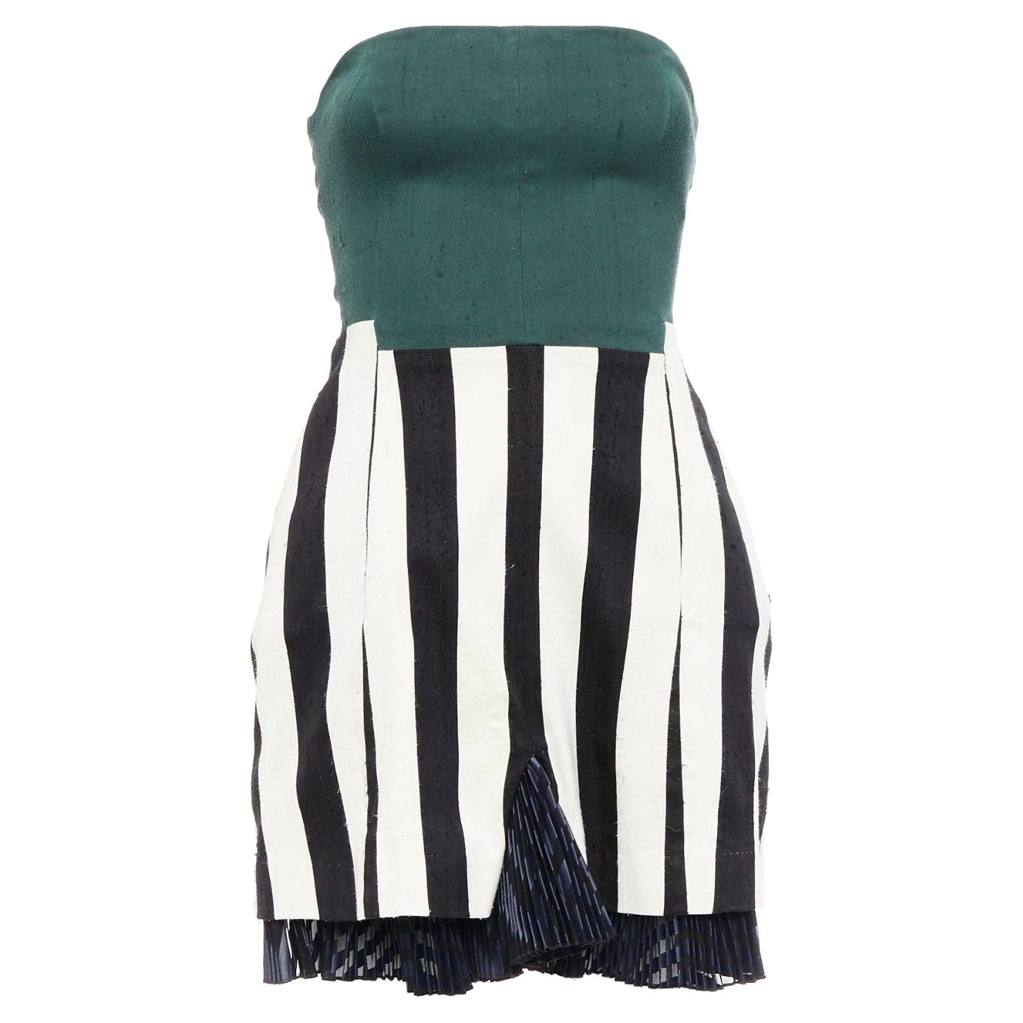 TOGA ARCHIVES green black white silk blend striped strapless mini dress JP1 S For Sale