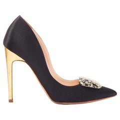 RUPERT SANDERSON Gold black satin gold paint buckle heeled pumps EU35.5