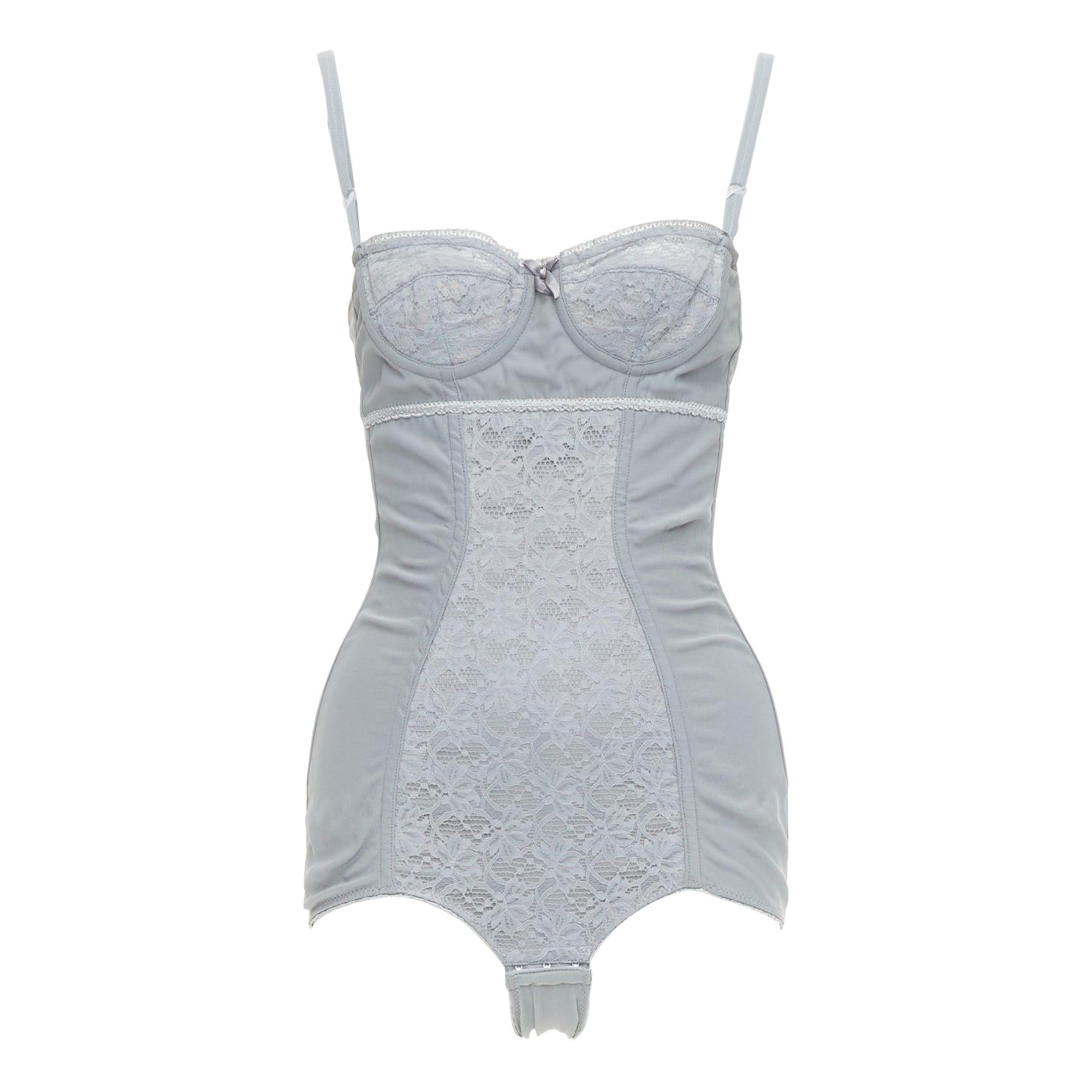 DOLCE GABBANA Vintage grey bow lace fitted boned bustier bodysuit top IT38 XS For Sale