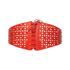 AZZEDINE ALAIA red laser cut leather laced corset waist belt 70cm