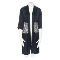 PRESENT LONDON black 100% silk floral lace panel lingerie short kimono robe UK8