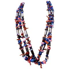 Statement-Halskette aus exotischem Kunsthandwerk Koralle und Lapis Halbedelstein 