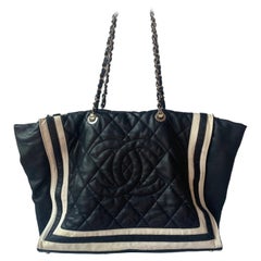Chanel CC Shopping Tote Medium Cannage Lambskin Leather Navy with White Stripes