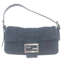 Fendi Baguette Vintage Black Glitter Beads and Cloth Knit Shoulder Bag