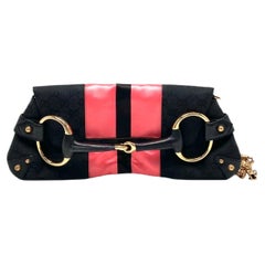 Gucci Horsebit 1955 Chain Large Shoulder Bag Black Monogram with Pink Silk