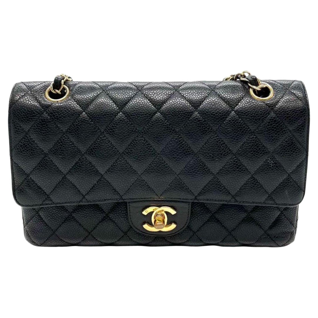 Chanel Classic Flap Medium Black Caviar Leather with 24k Gold Hardware 2008-2009 For Sale
