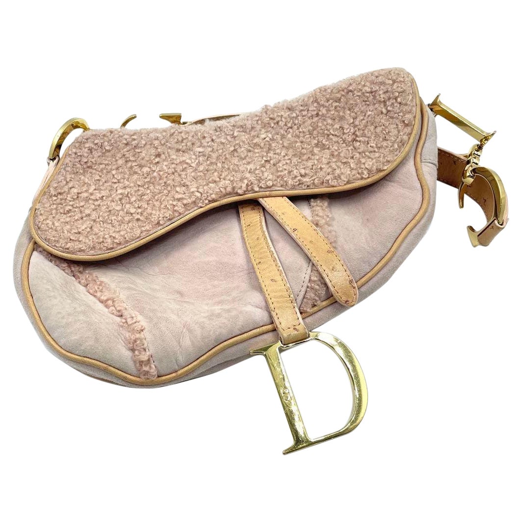 Dior Saddle Vintage Shoulder Bag Medium Shearling and Ostrich Leather Pink For Sale