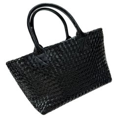 Bottega Veneta Cabat Small Intreccio Patent Leather Tote Bag Black