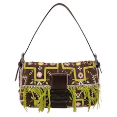 Fendi Baguette Vintage Lienzo Marrón con bordados lentejuelas espejos y borlas