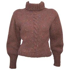 C.1980 Perry Ellis Handgestrickter brauner Tweed-Rollkragenpullover
