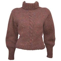 C.1980 Perry Ellis Hand Knitted Brown Tweed Turtleneck Sweater