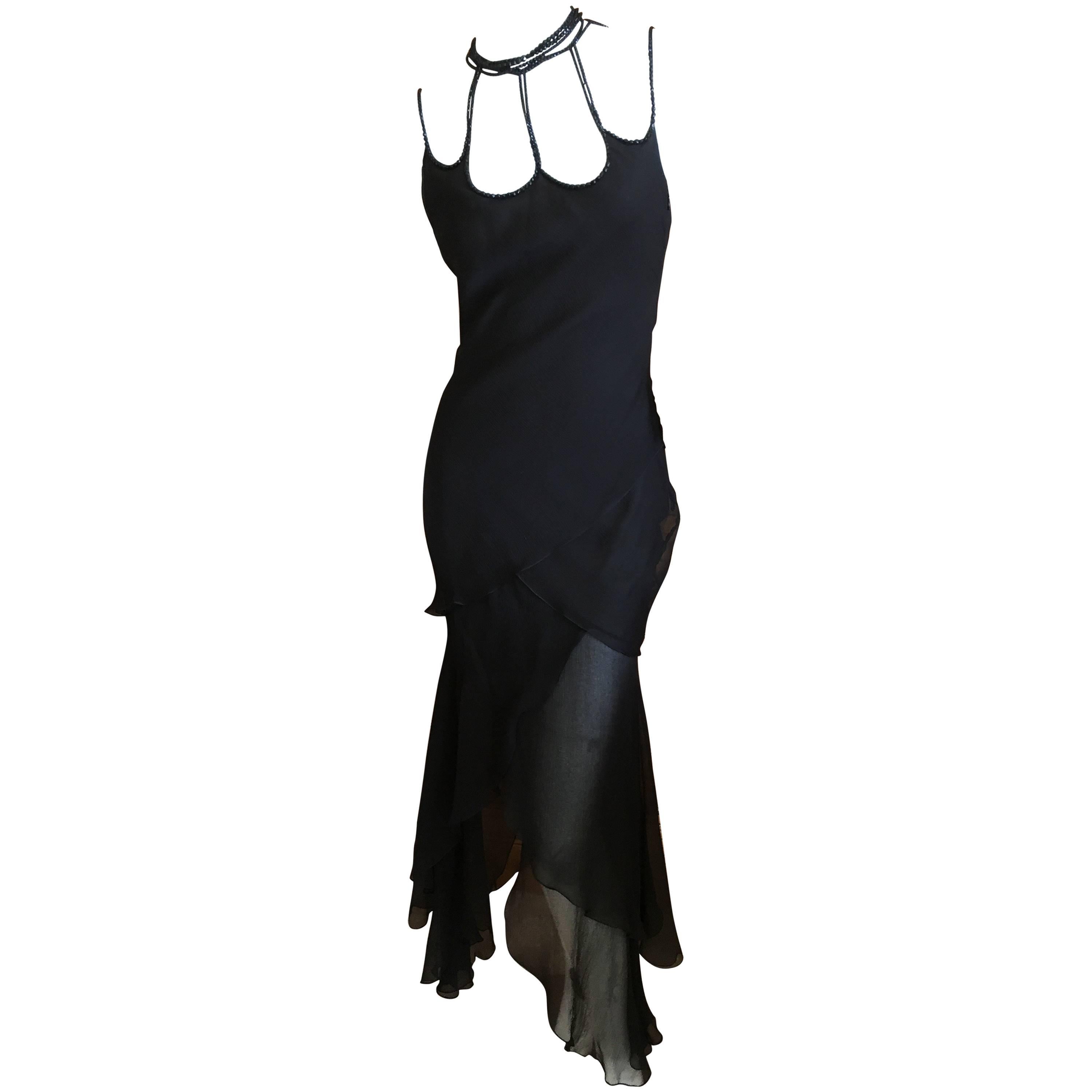 Dior Bergdorf Goodman 1990's Black Silk Dress with Jet Bead Bondage Neckline