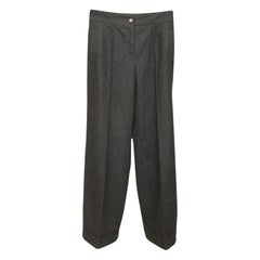 CHANEL Pants Grey Trousers Wide Leg Wool Cuffed Silver Button Silk Lining Sz 40