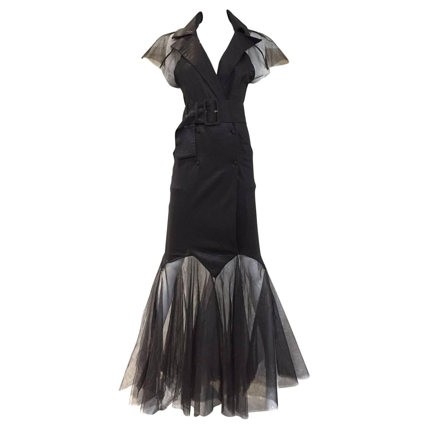 Incredible KARL LAGERFELD Black Knit Mermaid Dress with Tulle Sleeve and Hem