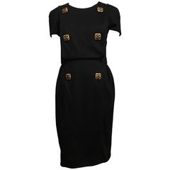 Chanel Black Short-sleeved Wool Dress With Gripoix Buttons Sz 38 (Us 6)