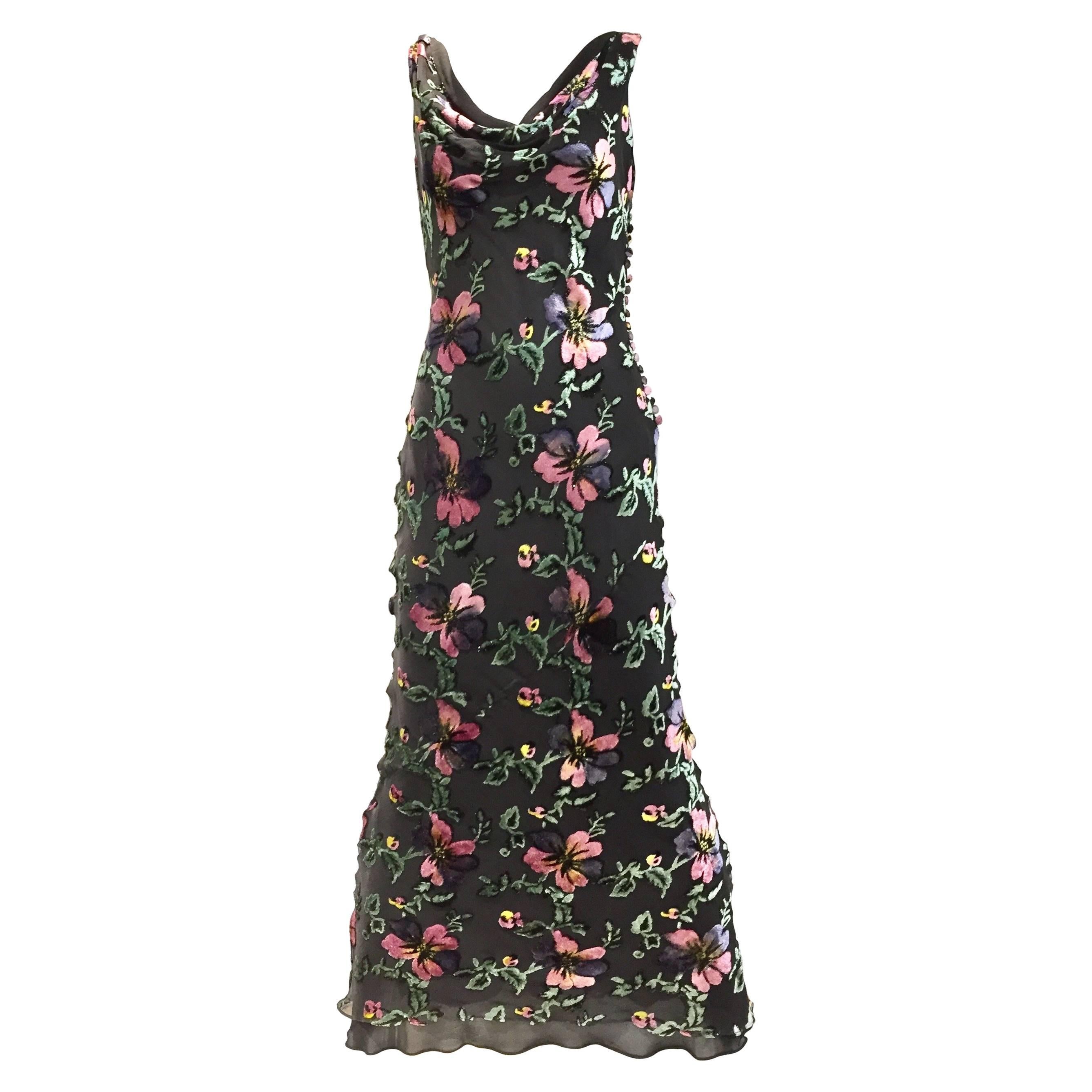 1990s CHRISTIAN DIOR  Black Floral Print Velvet Devore Open back vintage dress