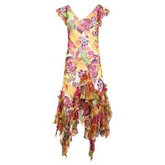 Vintage Christian Dior yellow silk floral print biast cut dress 2