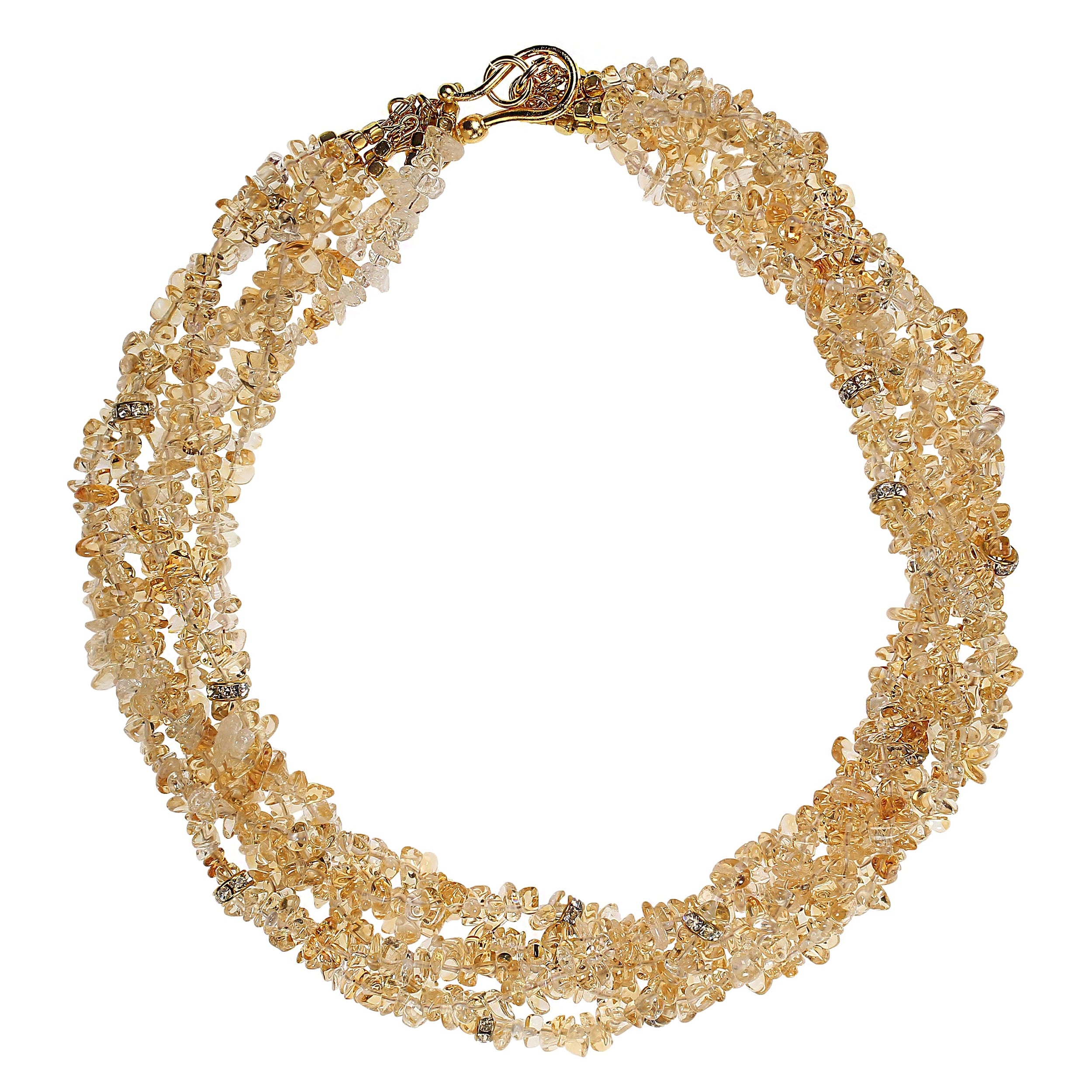 Brillante collar de chips de citrino de varios filamentos de 21 pulgadas.  Este precioso collar brillante presenta seis hilos de trocitos de citrino muy pulidos.  El gran cierre de gancho y ojal dorado es moderno y fácil de usar.