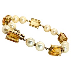 AJD Vintage Bracelet of Cultured Pearls and Citrines in 18k Yellow Gold