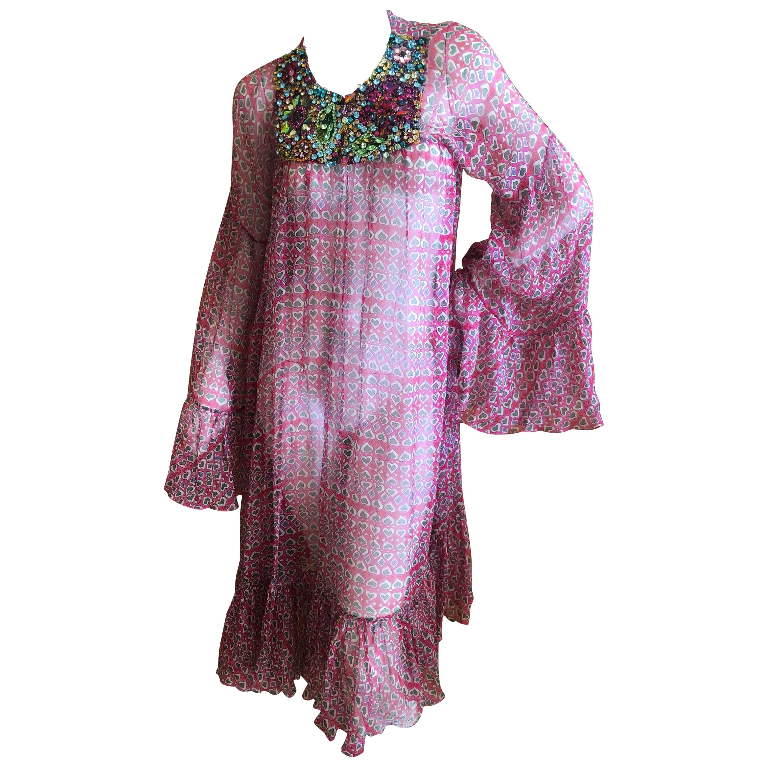 Moschino Jeweled Sheer Heart Pattern Silk Bell Sleeve Festival Dress