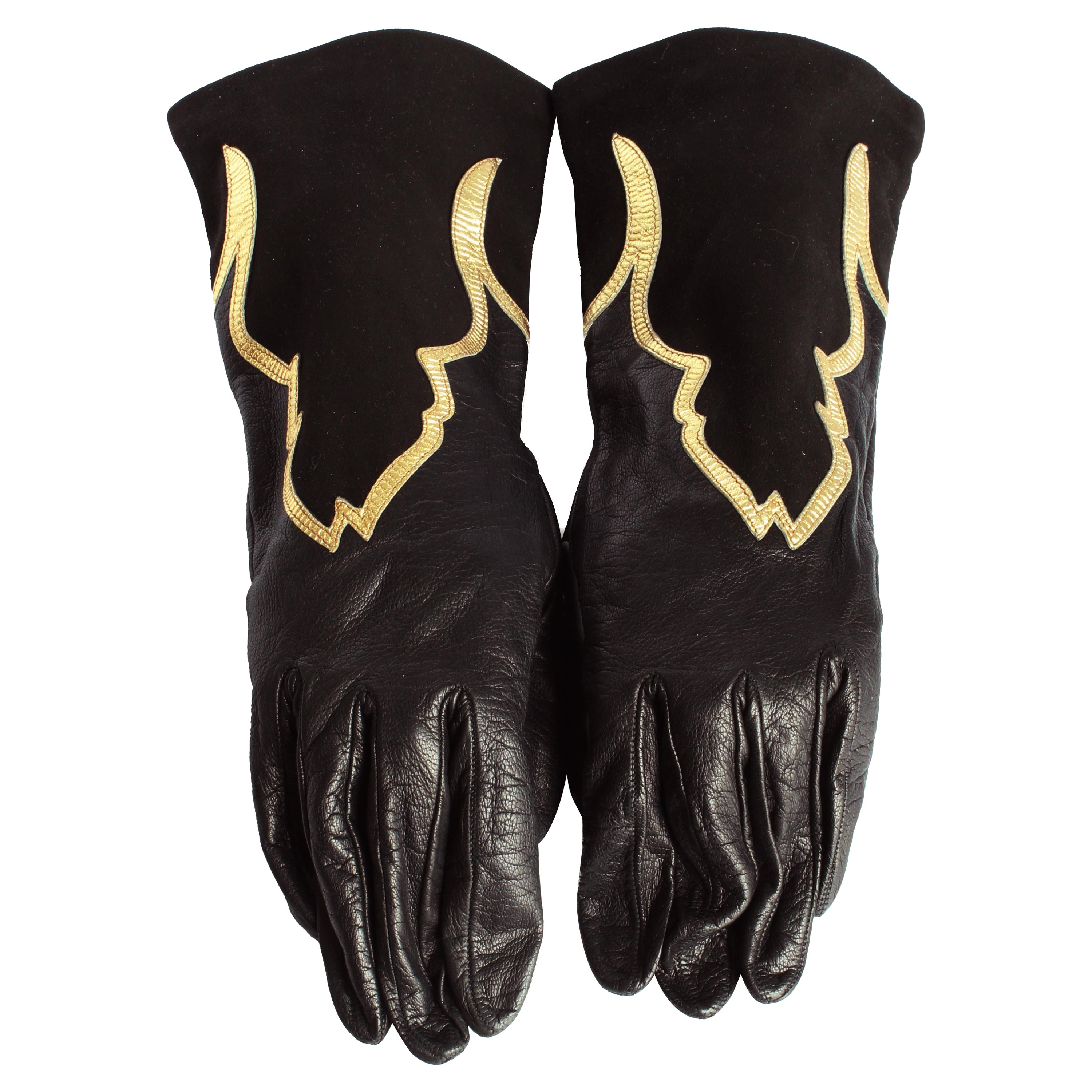 Yves Saint Laurent Gloves Black Leather Gold Trim Moroccan Motif Rare Vintage For Sale