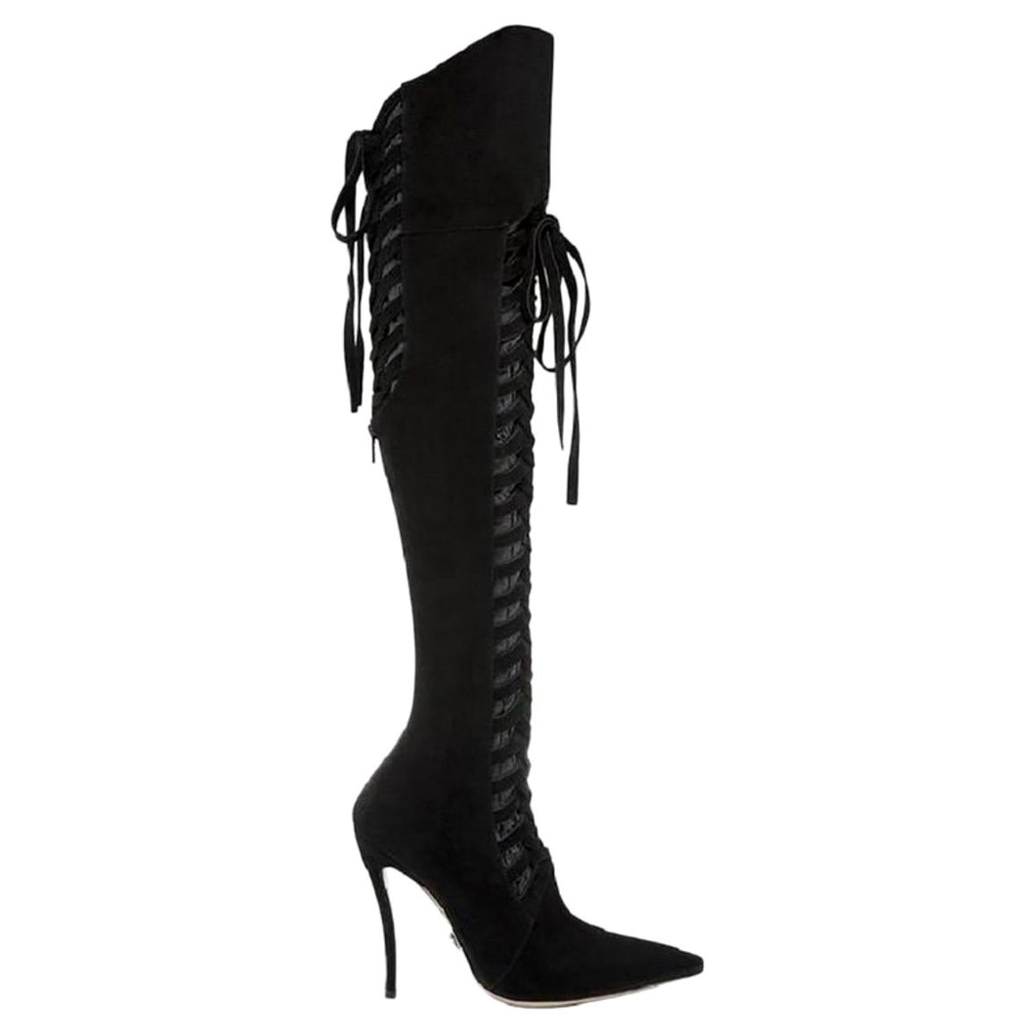 F/W 2014 Look # 27 New Versace Black Suede Over the Knee Boots 38 - 8 For Sale