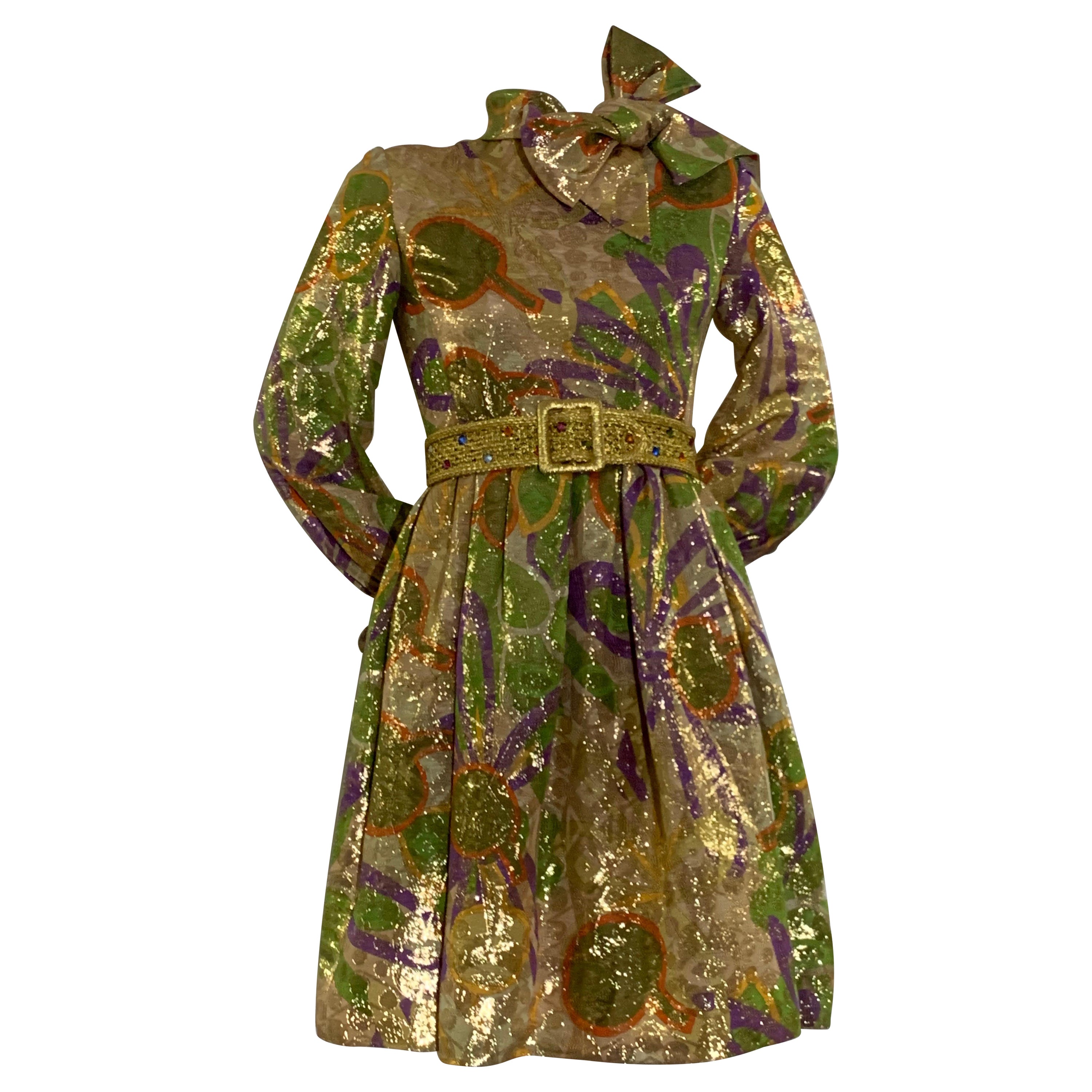 1960s Malcolm Starr Oro Tissue Lame Cocktail Mini Dress w Floral Print en venta