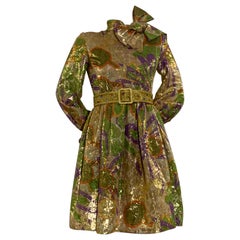 1960s Malcolm Starr Gold Tissue Lame Cocktail Mini Dress w Floral Print