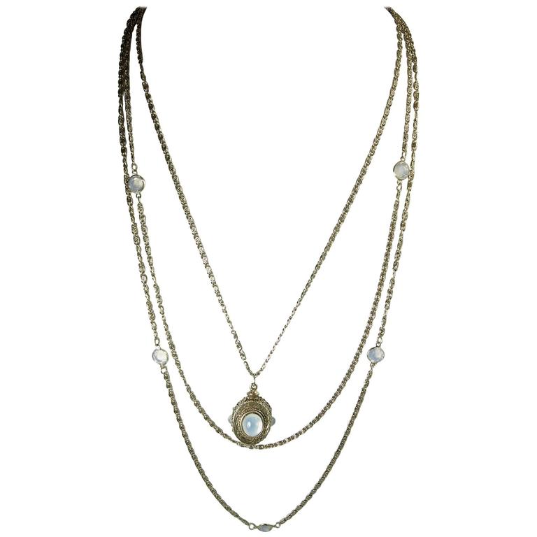 LONG Vintage Goldette NY MultiChain Faux Moonstone Pendant Necklace at