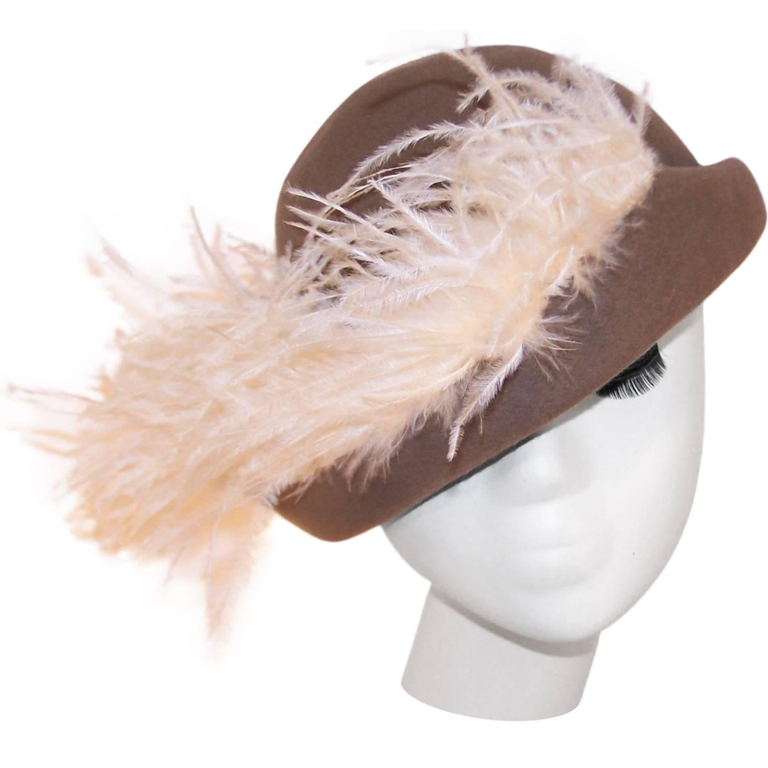 Dandified 1970's Italian Taupe Wool Cavalier Hat With Ostrich Plumes
