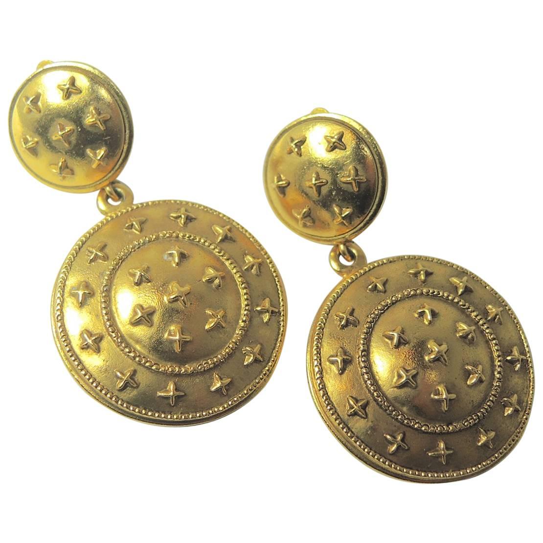 Vintage Chanel Double Disk Round Drop Earrings For Sale