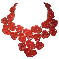 Vintage Oscar De La Renta Red Swirl Floral Bib Necklace