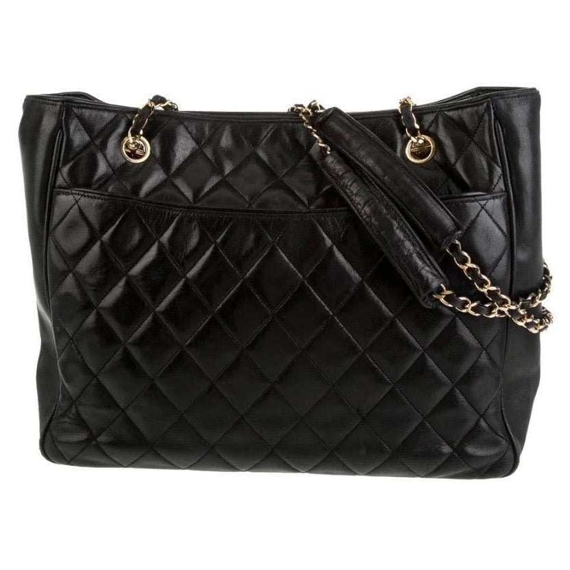 Chanel Quilted Black Caviar Skin Shoulder Bag / Tote, Golden Chain & Hardware