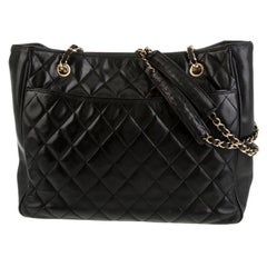 Chanel Quilted Black Caviar Skin Shoulder Bag / Tote, Golden Chain & Hardware