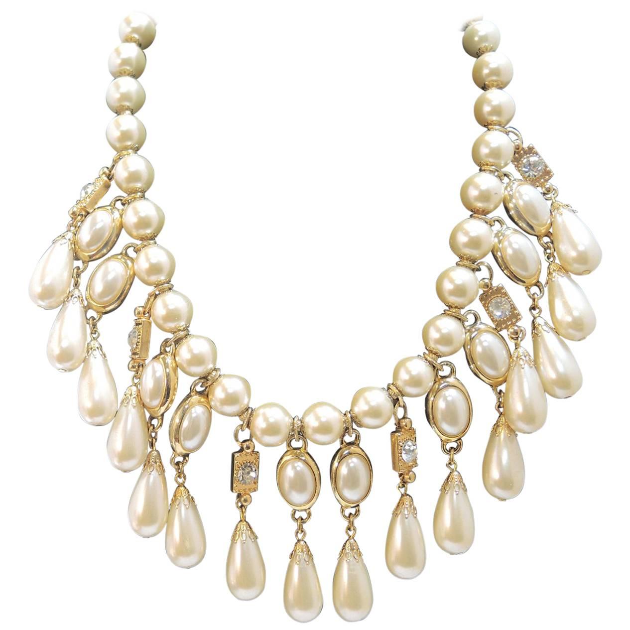 Designer Anka Cascading Faux Pearl 
Rhinestone Bib Necklace